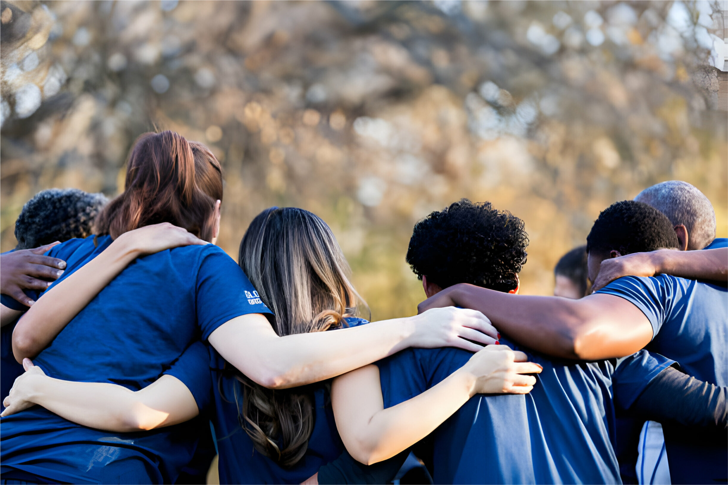 A group of individuals wearing matching shirts, photographed from the back with hands placed on each other's shoulders.