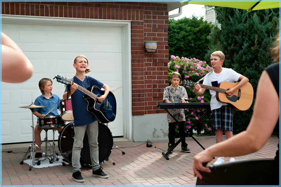 youth band harmonizing outside the garage
