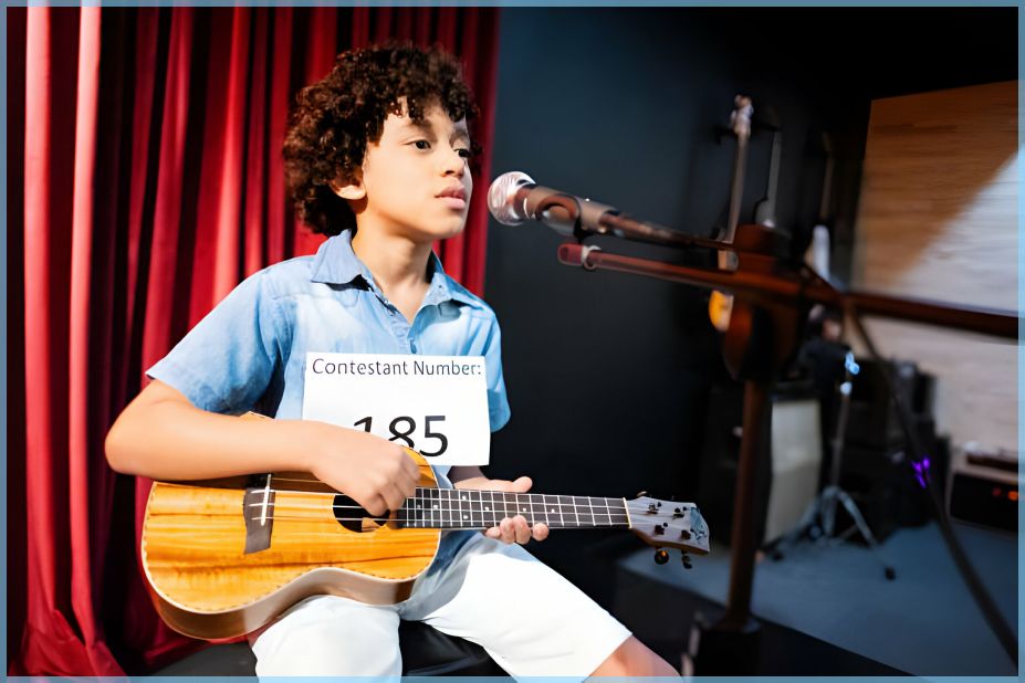 Talented young musician serenading with sign language while strumming a ukulele