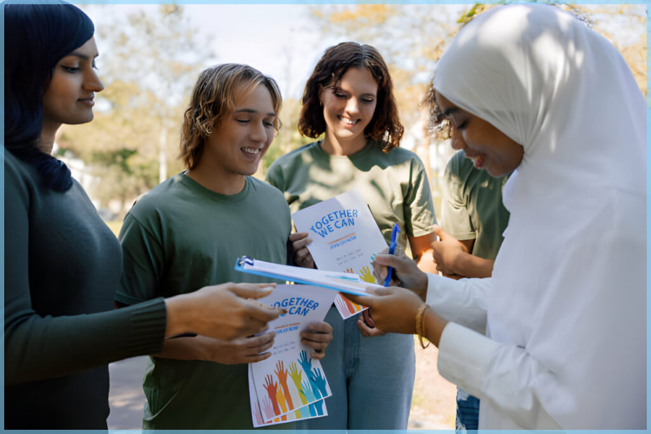 Young people in uniforms participating in a fundraising event, with one person signing a booklet before handing it out.