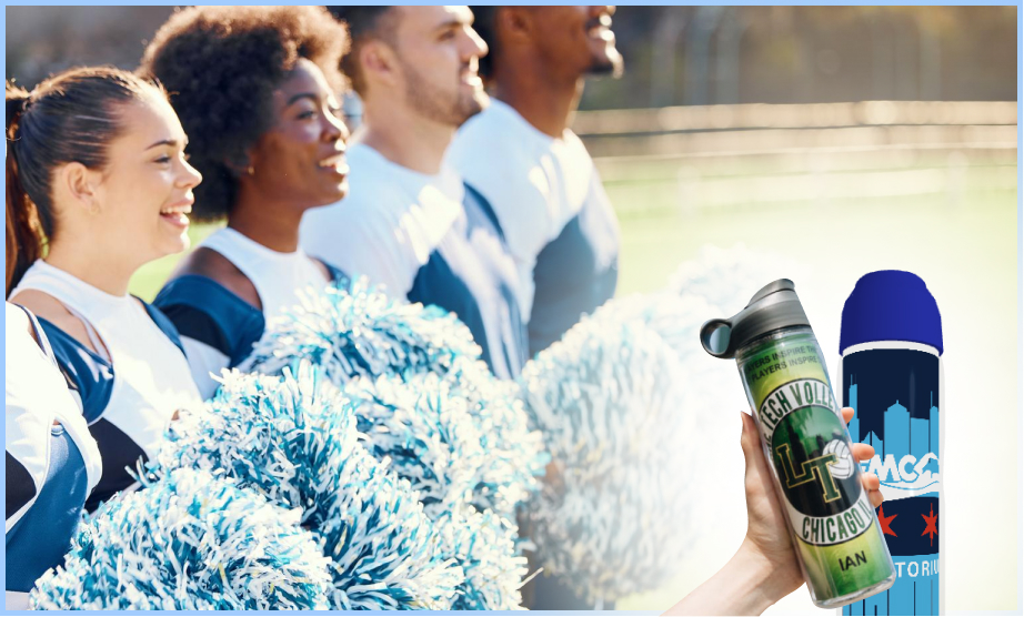 A line of cheerleaders with pom-poms , cheering on the sidelines of a football field, their energy contagious.